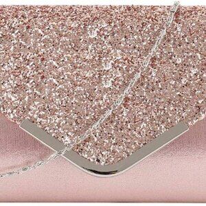 Rose Gold Women's Shiny Glitter Envelope Clutch Handbag Chain Purse for Wedding